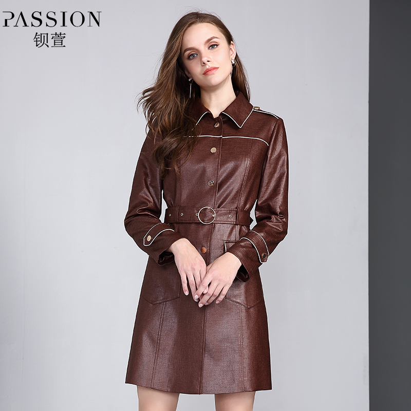 PASSION 2019 mùa thu ăn mặc mới Ming Line Trim Belt Với ​​Medium-Length áo gió Suit Collar Coat