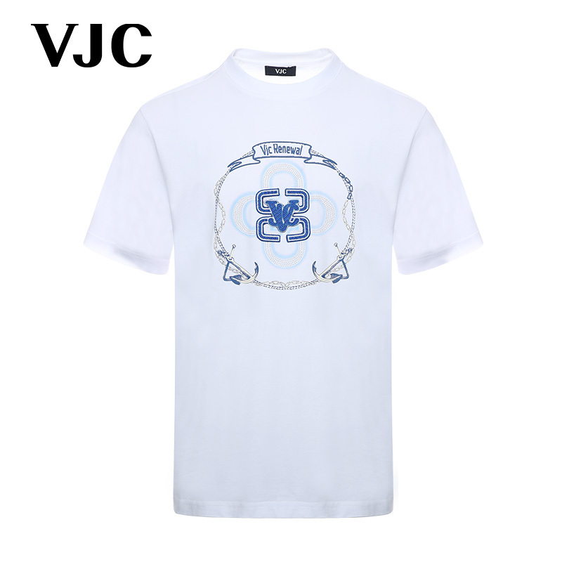 [100% Cotton] Vjc/Weijiesi 2025 Spring and Summer New Style Three-Dimensional Rhinestone T-Shirt Short-Sleeved Round Neck Light Luxury Men's Clothing