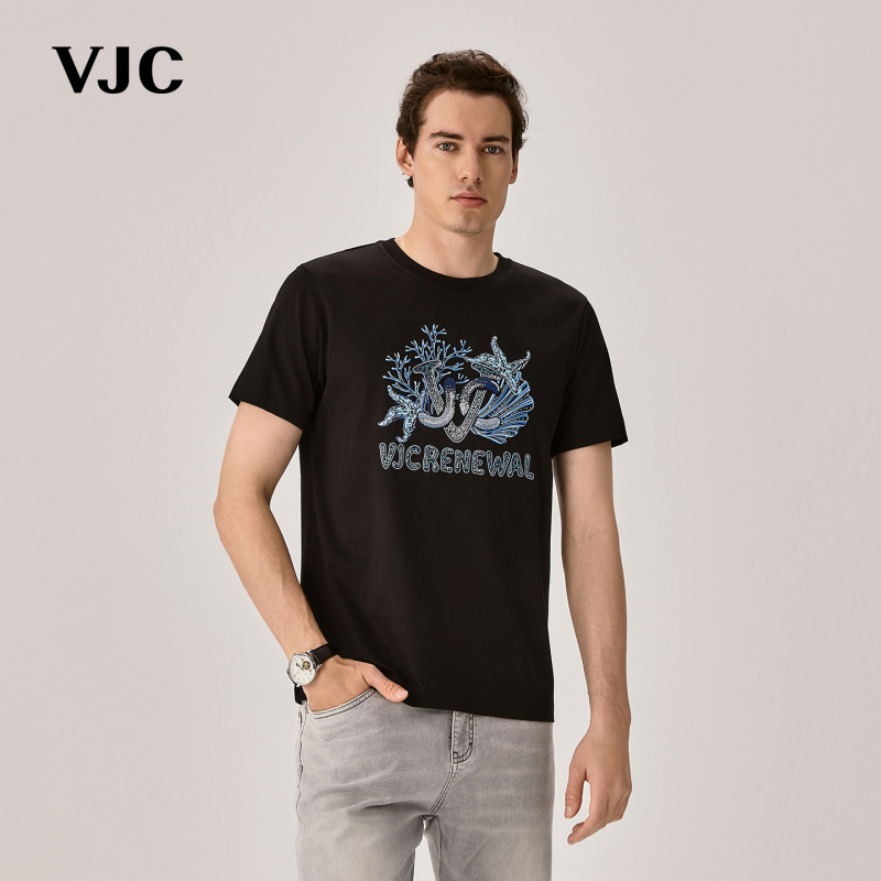Vjc/Weijiesi 2026 Summer New Men's Light Luxury Fashion Rhinestone Heavy-Duty Printed Top Trendy Short-Sleeve T-Shirt