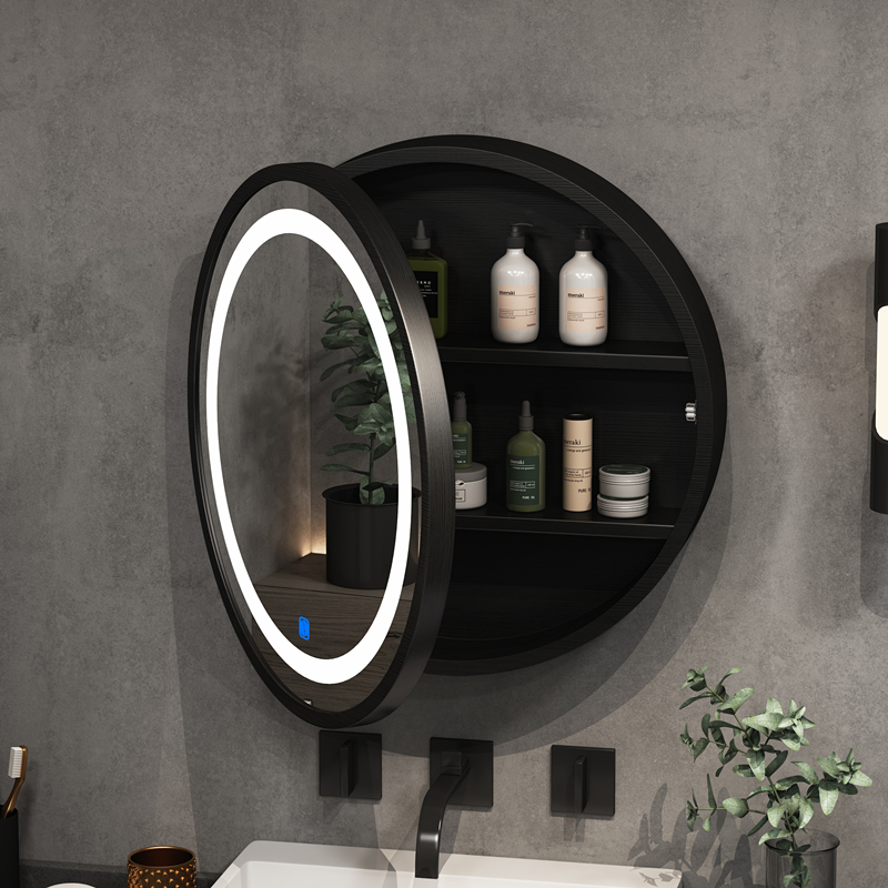 LED intelligent bathroom mirror cabinet solid wood oval dressing room toilet wall hanging round mirror with light hanging wall type