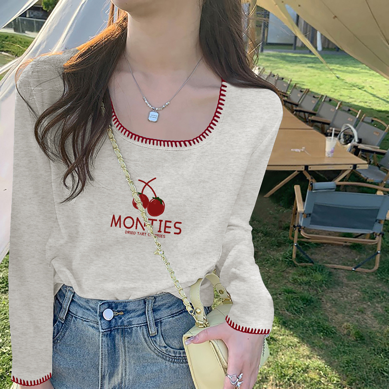 2026 Spring and Autumn New American Style Contrast Color Lace Square Neck Long Sleeve T-Shirt for Women, Autumn Base Shirt, Gray Slimming Top