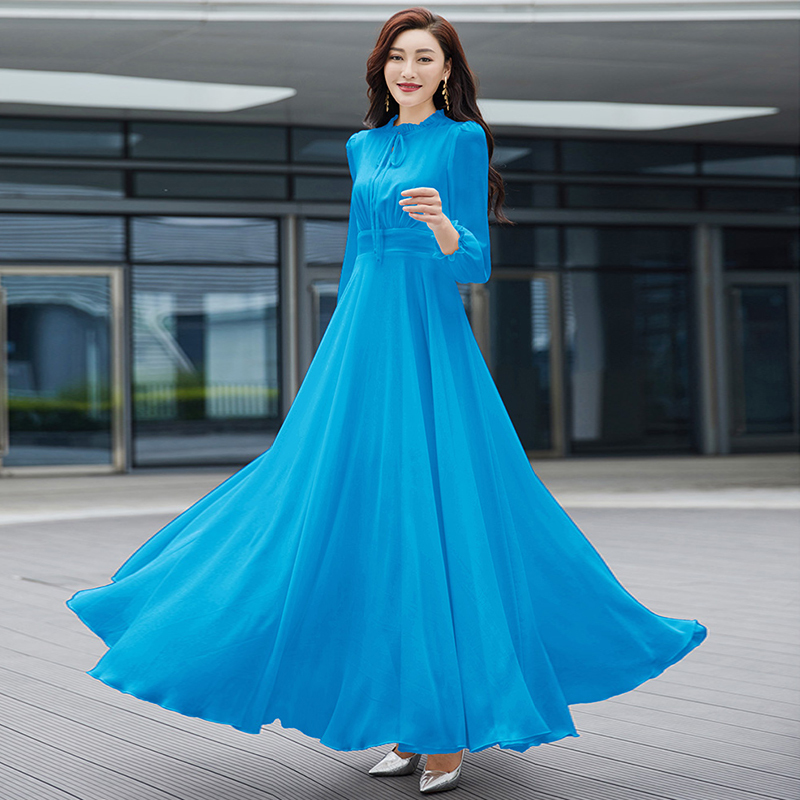 2025 Spring and Autumn New Long-Sleeve Long Chiffon Dress with Wide Hem for Travel and Vacation, Beach Long Dress, Over-The-Knee Wide Hem Dress
