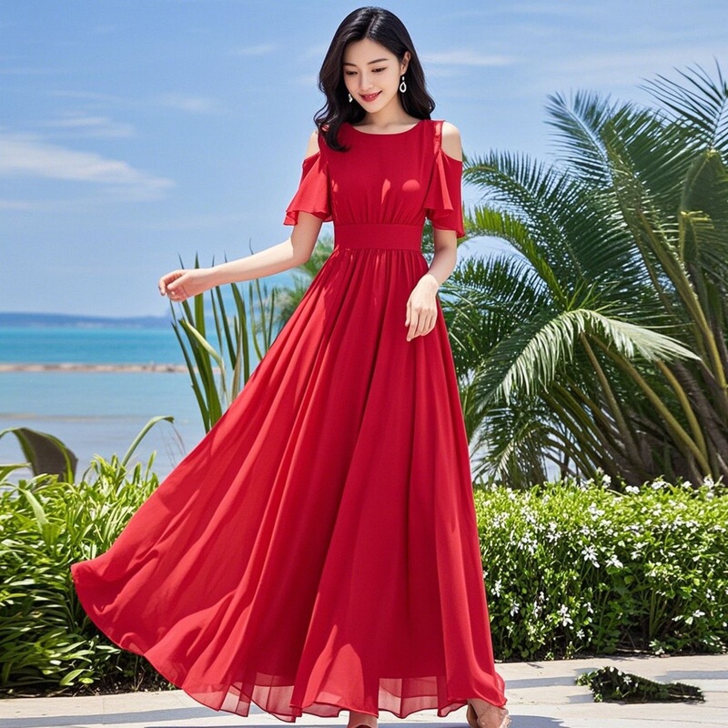 Long Skirt with a Large Hem, New Style for Dancing, Plus Size, Slimming, Elegant Long Skirt, Chiffon Beach Vacation Over-The-Knee Dress Long Skirt with a Large Hem, New Style for Dancing, Plus Size, Slimming, Elegant Long Skirt, Chiffon Beach Vacation Over-The-Knee Dress