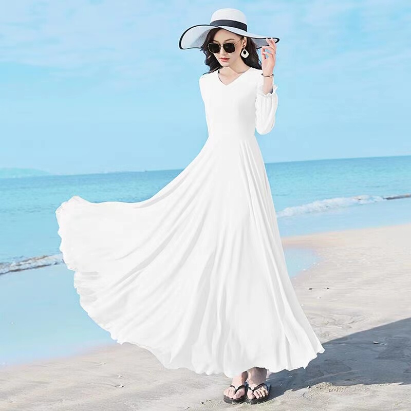 2025 New Spring and Autumn Elegant V-Neck Women's Long-Sleeve Solid Color Chiffon Dress, Slim Fit, Waist-Cinching, Long Skirt with a Large Hem 2025 New Spring and Autumn Elegant V-Neck Women's Long-Sleeve Solid Color Chiffon Dress, Slim Fit, Waist-Cinching, Long Skirt with a Large Hem