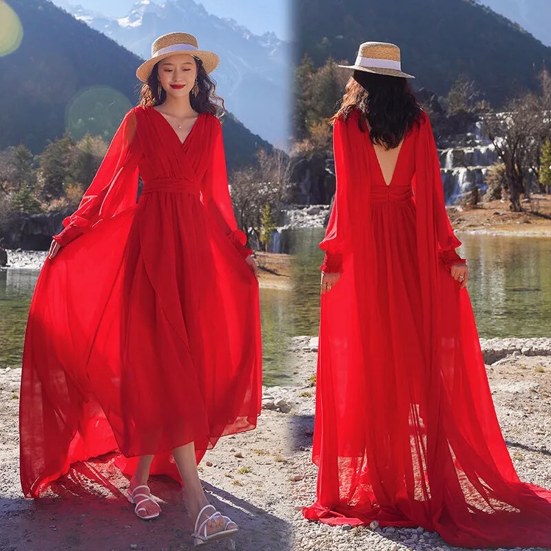 Sanya Travel Clothes, Beach Dress, Super Fairy-Like Seaside Vacation Dress, Desert Photo Shoot, Bright Red Long Trailing Dress, Flowing Sanya Travel Clothes, Beach Dress, Super Fairy-Like Seaside Vacation Dress, Desert Photo Shoot, Bright Red Long Trailing Dress, Flowing