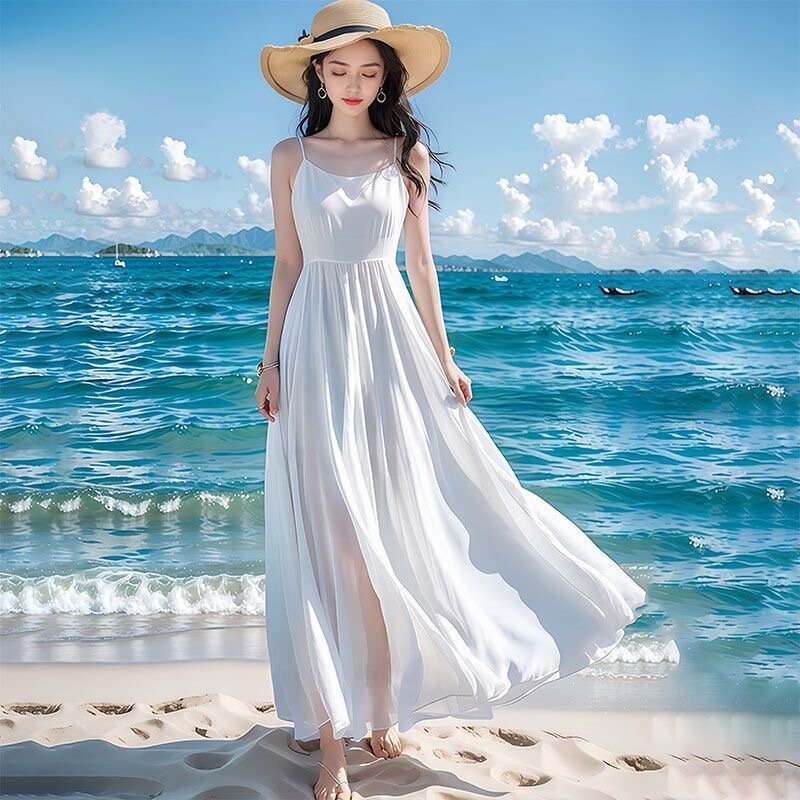 New Style Artistic Fairy-Like Flowing Beach Maxi Dress with Wide Skirt, Desert-Style Spaghetti Strap Dress, White Long Dress for Vacation and Beach Photoshoots