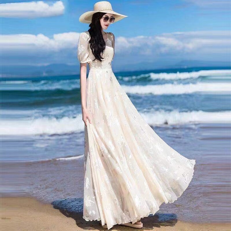 2025 Summer New Style Round Neck Waist-Cinching Slimming White Chiffon Dress Long Flowing Fairy Dress