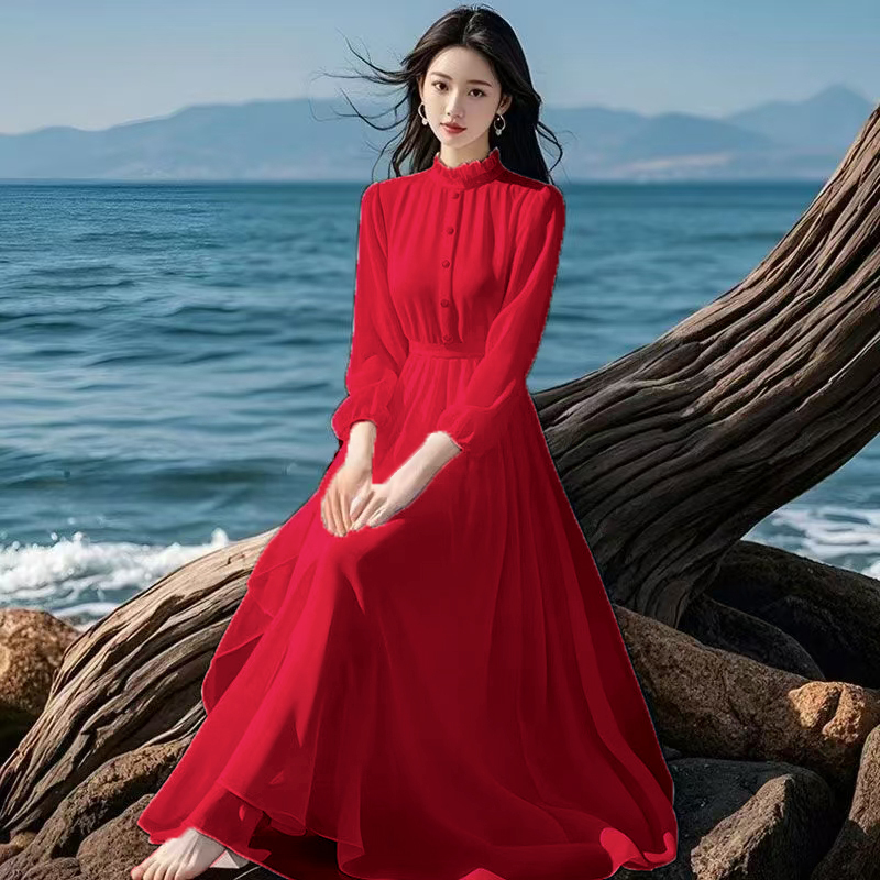 Fashionable High-End Chiffon Dress 2025 New Solid Color Long-Sleeved High-End Dress for Vacation, Beach and Seaside Photo Shoot