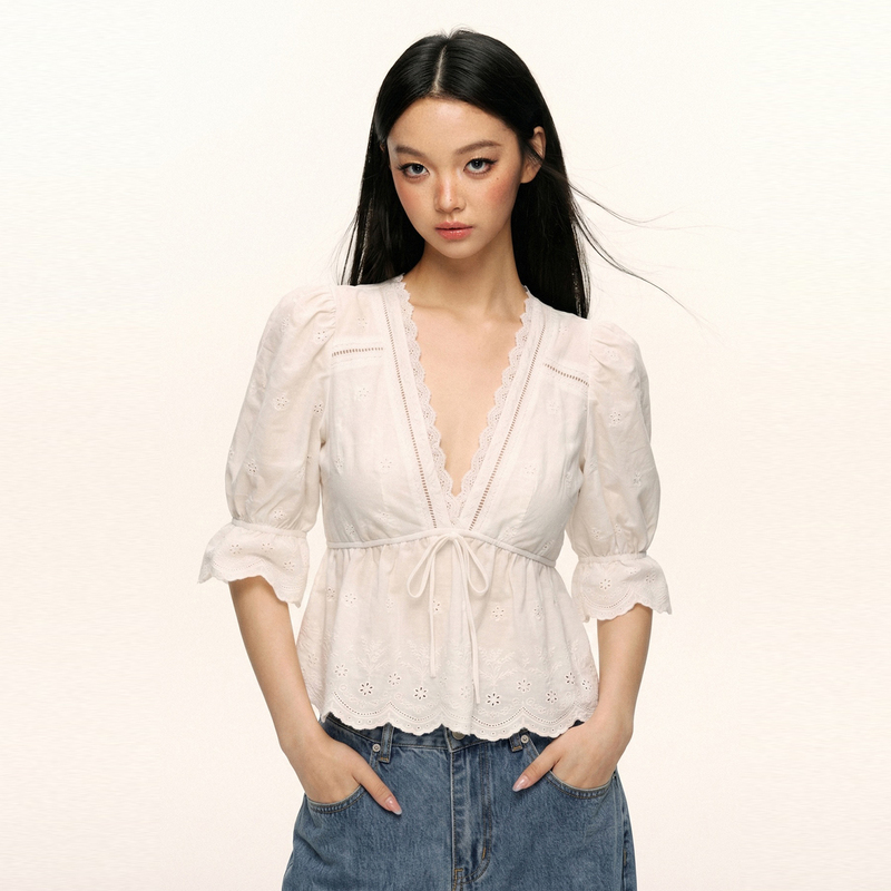 Nova Basics White Cotton Embroidered Lace Bell Sleeve V-Neck Top Women's Summer Waist-Cinching Lace-Up Mid-Sleeve Shirt Nova Basics White Cotton Embroidered Lace Bell Sleeve V-Neck Top Women's Summer Waist-Cinching Lace-Up Mid-Sleeve Shirt