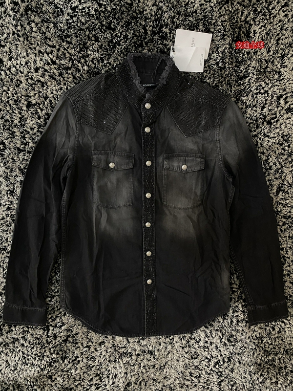 In Stock Balmain Men's Black Diamond-Studded Washed Slim-Fit Stand Collar Long-Sleeve Denim Shirt Casual Shirt