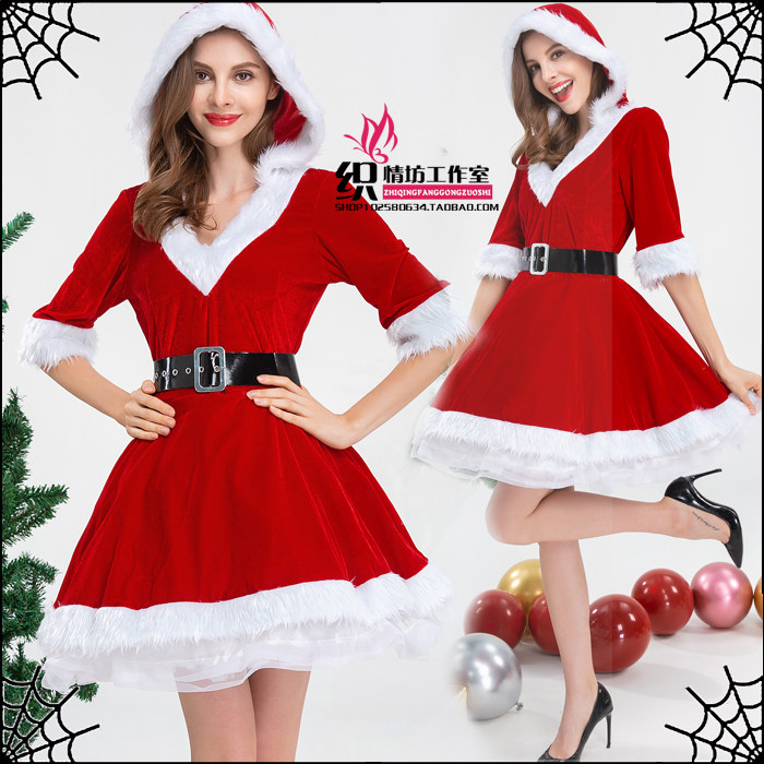 Good quality christmas dress tutu skirt long hairy sexy v-neck dress christmas dress christmas costume party