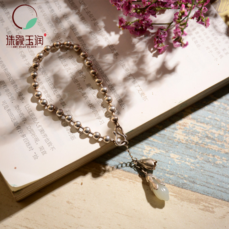 Hot sale 925 silver inlaid Hetian Jade Magnolia necklace Hand string earrings Chinese style Hanfu Cheongsam jewelry