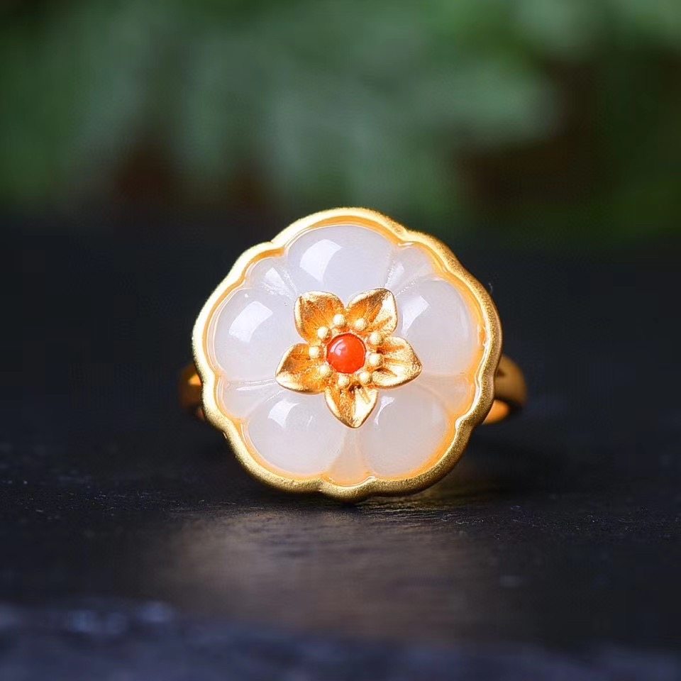 s925 inlay and field jade Qinghai stock white jade sunflower ring matched with south red beads