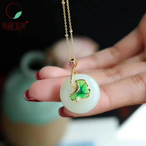New gold-plated Hetian Jade buckle set necklace with ring earrings three-piece white jade jewelry