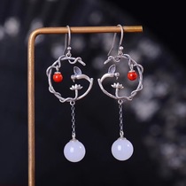 Retro s925 silver inlaid Hetian Jade Qinghai white jade earrings exquisite hanging decoration design