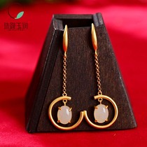 Qinxin Yufang value 925 sterling silver gold-plated elegant classical temperament Hetian White Jade geometric earrings egg face earrings