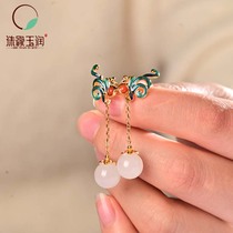 Original 925 silver inlay Hetian jade beads earrings white jade with south red long earrings with certificate