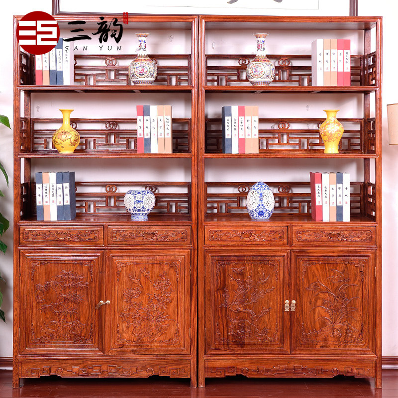 Rosewood bookshelf solid wood bookcase combination Chinese antique hedgehog rosewood shelving bookcase mahogany display rack
