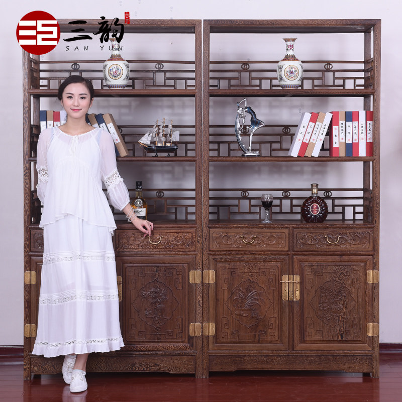 Ming and Qing classical mahogany furniture chicken wing wood bookcase bookshelf solid wood Chinese antique display cabinet storage cabinet