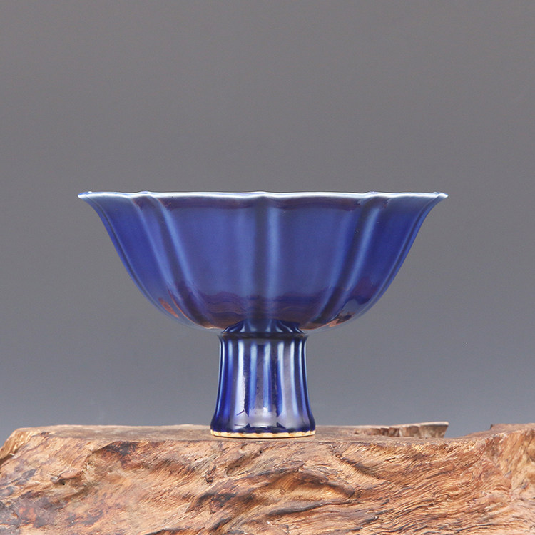 Ming Xuande Sapphire Blue Ridge Mouth High Foot Bowl Palace Bowl Antique Porcelain Antique Antique Porcelain Old Goods Collection