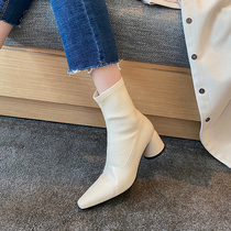 Slim boots female ~~ high-heeled thin boots leather leg side zipper pointed cowhide pedicure type