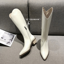 Annual giant Western cowboy boots all cowhide Knight boots retro V-mouth high boots thick leg boots