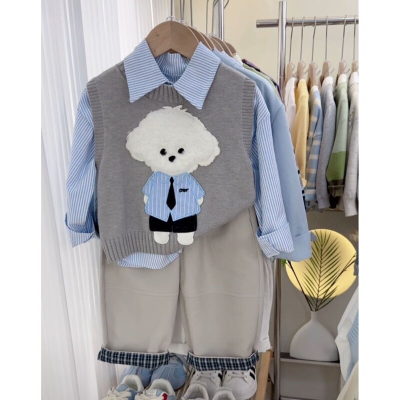 Boys' Spring and Autumn Outfit 2026 New Style Knitted Cartoon Vest Shirt Stylish Striped Shirt Children's Casual Pants Boys' Spring and Autumn Outfit 2026 New Style Knitted Cartoon Vest Shirt Stylish Striped Shirt Children's Casual Pants