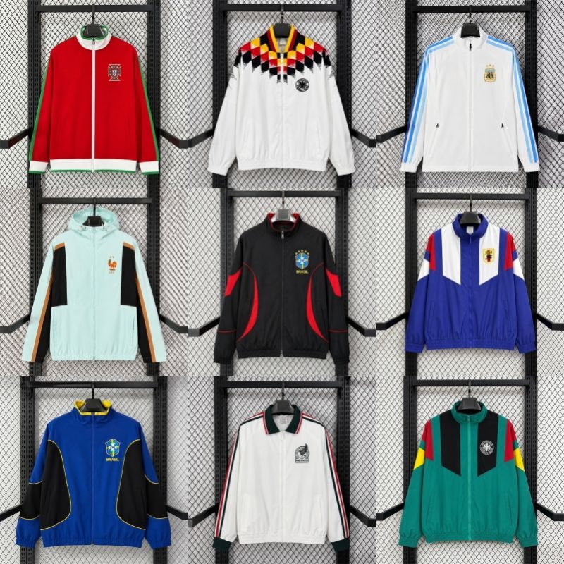 Vintage Football Jacket Waterproof Retro Jersey Embroidered Brazil Mexico Windbreaker Autumn Winter Windbreaker
