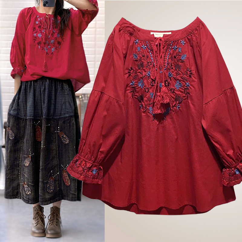 High-End Chinese Red Retro Ethnic Style Embroidered Top Women's Summer Cotton Shirt Loose Large Size Babydoll Shirt High-End Chinese Red Retro Ethnic Style Embroidered Top Women's Summer Cotton Shirt Loose Large Size Babydoll Shirt