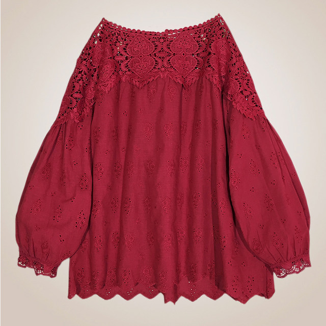 Temperament spring and autumn hollow embroidery sexy word collar lace lantern sleeve top loose doll shirt shirt red large size