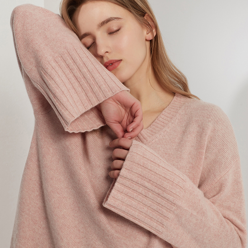 Fisher đơn giản đi làm hiển thị mỏng cổ chữ V tinh khiết cashmere áo len cardigan mùa thu vai phụ nữ dài tay rộng tay áo đoan trang dệt kim áo len đáy