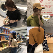 Minimum sea 2022 Spring models Compassionate Cardiovert blouses Korean version loose 100 Lap Round Collar Pure color Short sleeves T-shirt female K