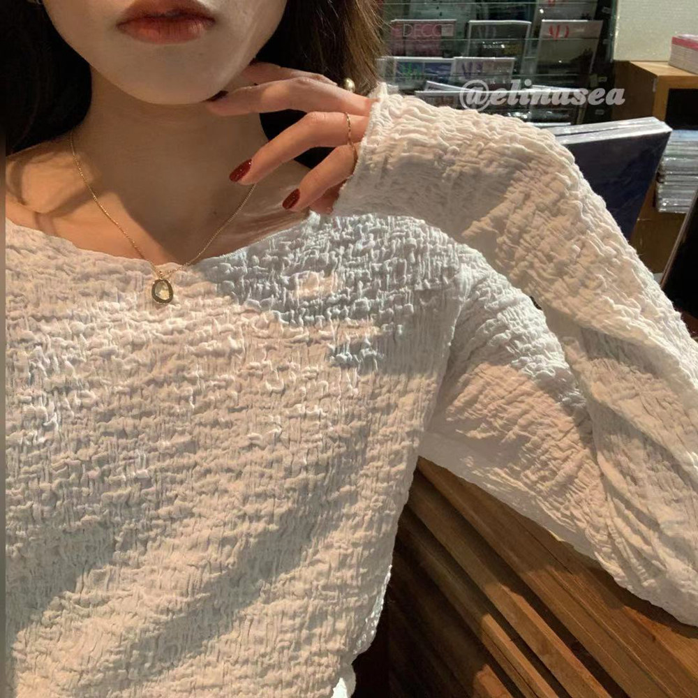 Minimum sea homemade Korean version Long sleeves T-shirt female inner hitch bottom shirt temperament 100 lap reduction age fold outside wearing blouse