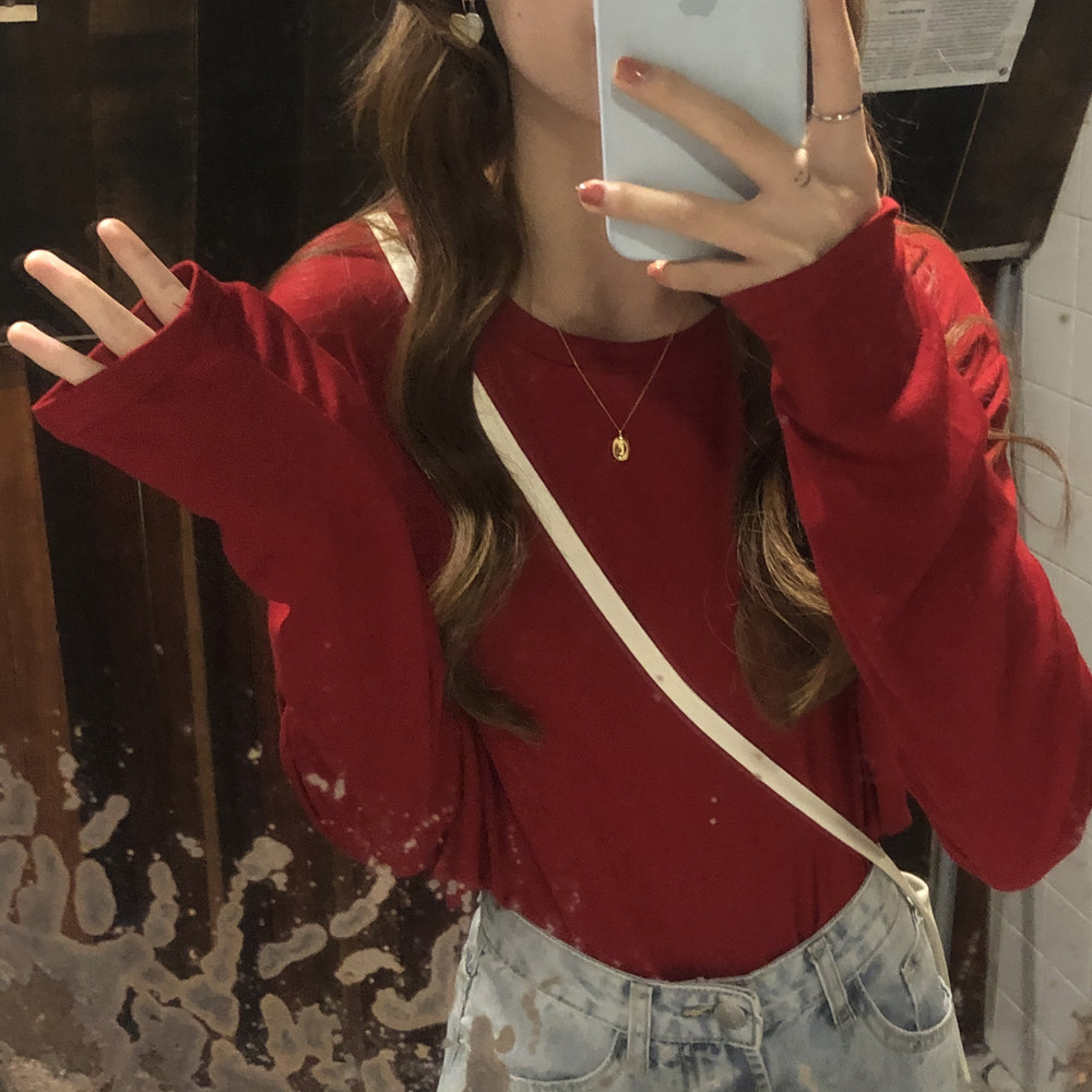 The smallest sea crew neck solid color long sleeve t-shirt women's 2021 new Korean version of the wild loose thin top T-shirt
