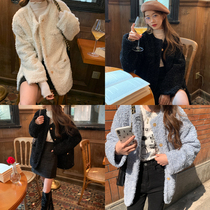 Minimum sea Han version Winter temperament 100 lap new round collar single row with loose display slim lamb wool jacket female blouse