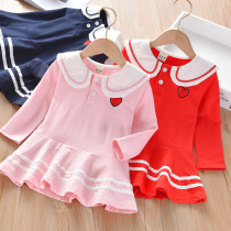 Girls autumn dress new female baby Navy wind lapel skirt childrens college style long sleeve skirt