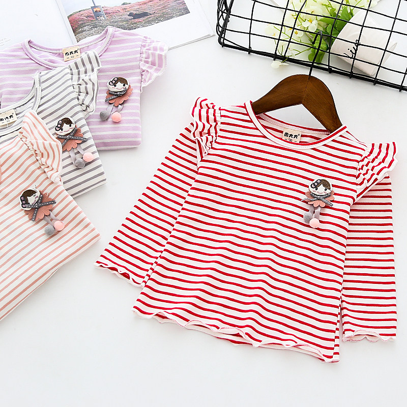 Girls long-sleeved T-shirt new spring children's striped ear edge base shirt cute baby casual top Children's clothing