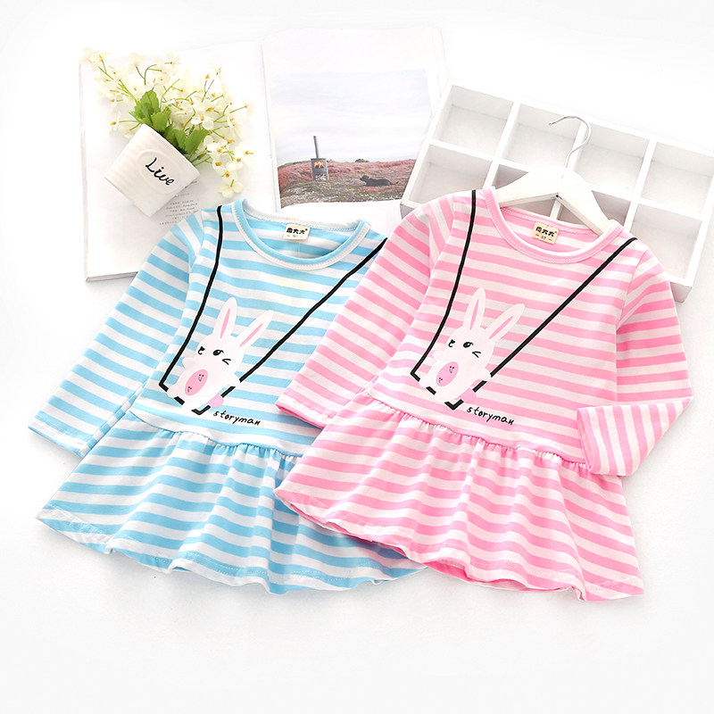 Girls spring dress new Korean version of the children's bunny long sleeve skirt Children's dress cute baby striped short skirt
