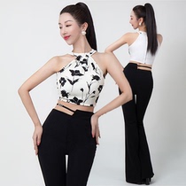 Womens Sleeveless Halter Neck Bare Navel Short Modern Dance Top Flared Front Slit Trousers Shape Etiquette Catwalk Dance Wear