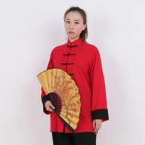 Big red stretch cotton and linen Jianlong original design custom Tai Chi suit womens high-end training suit performance competition suit