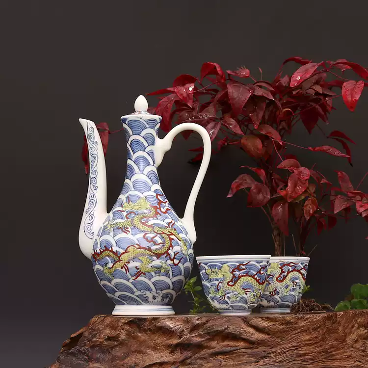 明成化青花斗彩海水穿龙纹酒壶【一壶二杯】古董瓷器收藏