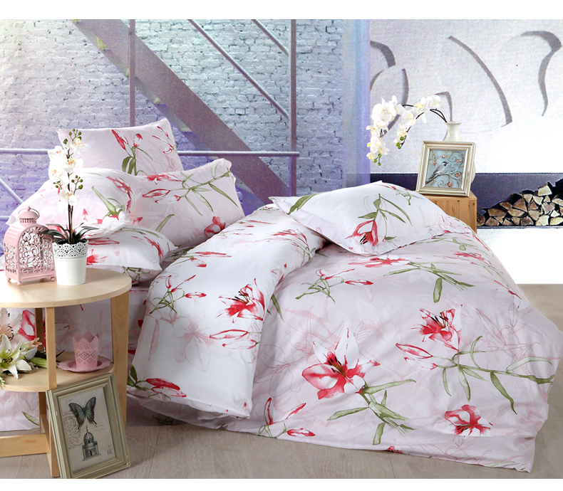 Giống như satin bông denim giường cotton Hàn Quốc phiên bản của mục vụ phong cách giường bộ lily thơm - Bộ đồ giường bốn mảnh bộ chăn gối