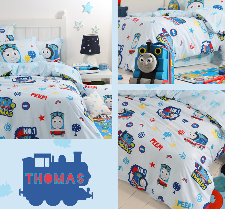 Tình yêu Thomas bông kit trẻ em cotton phim hoạt hình giường ba hoặc bốn bộ dụng cụ Thomas train 	bộ chăn ga gối cho bé đi học	