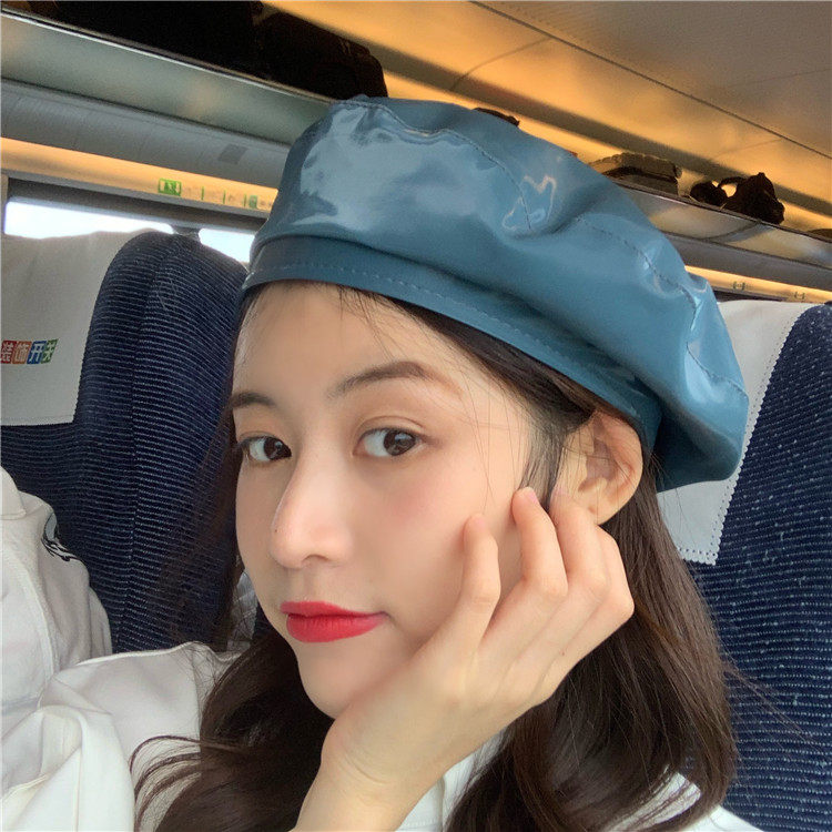 Korean fashion European and American bright leather beret female autumn and winter pu patent leather temperament retro painter hat ins pumpkin hat