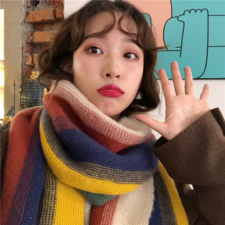ins Rainbow stripe yarn needle scarf Womens autumn and winter wild shawl dual-use Korean version of the student cute bib