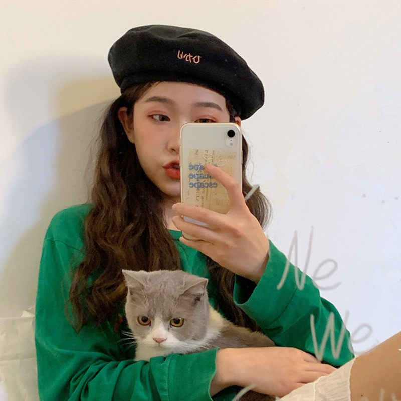 Korean version of Harajuku letter bud hat net red with embroidery plush beret Female autumn and winter warm painter hat