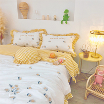 Girl Xinsen four-piece cotton water wash cotton sunflower embroidery Korean ruffle hipster bedding