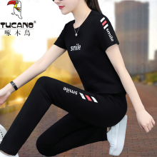 Woodpecker pure cotton summer sportswear set for women 2023 new loose and stylish middle-aged mom casual two-piece set