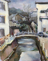 Emblem Building Scenery Oil Painting Beauty Institute Student Works Small Bridge Flowing Water Home Color Decoration Oil Painting Living Room Hanging Painting