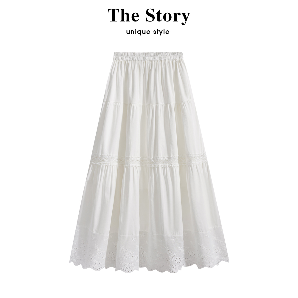 ワードローブのレースステッチの白いスカート、女性の春の妖精のスカート、プリーツスカート、ドレープAラインのロングスカート